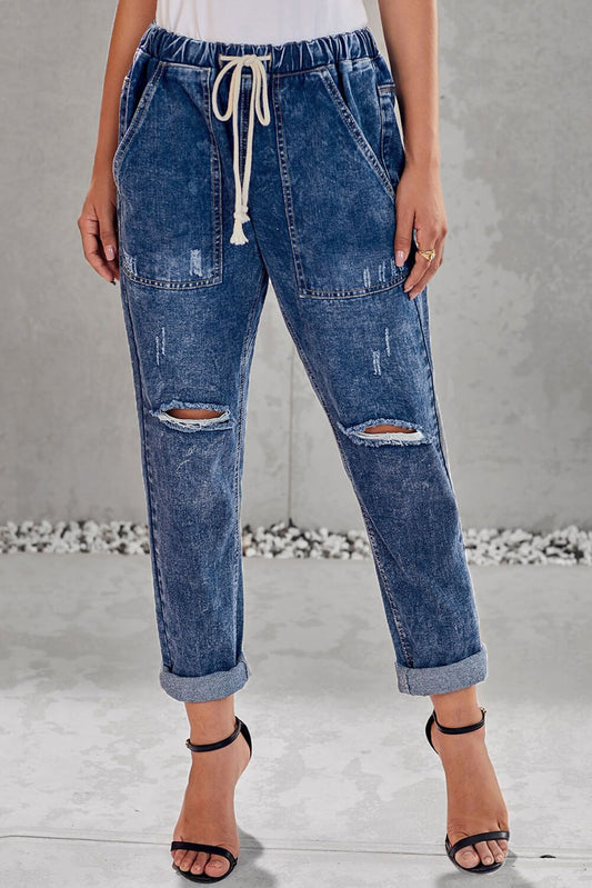 Dark Blue Gather Round Distressed Hole Pocketed Jean Jogger