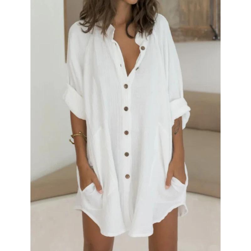 2021  Women Clothing  Breasted Mid-Length Short Sleeve Loose Shirt