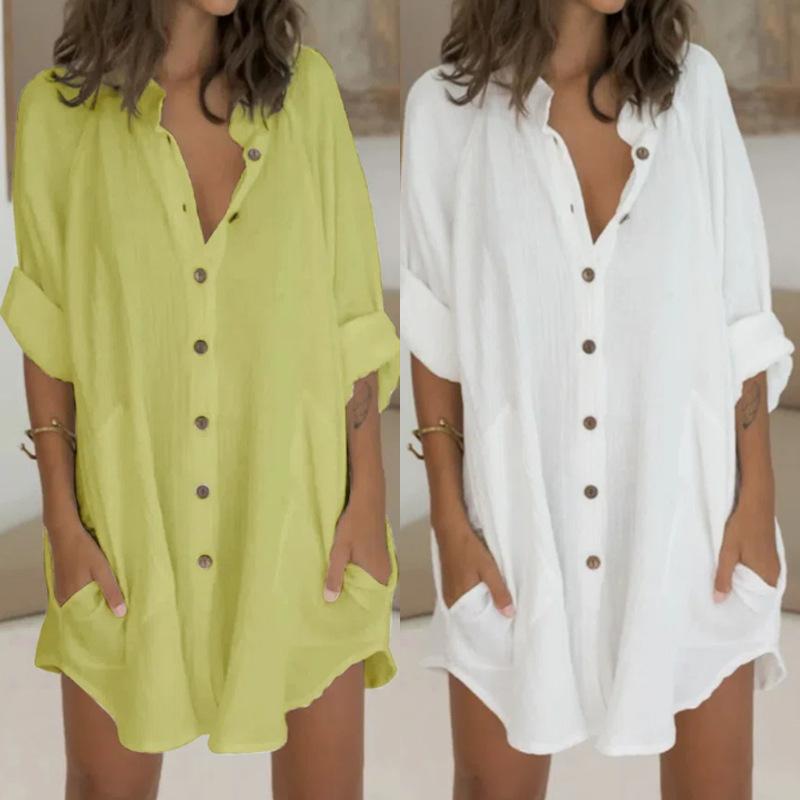 2021  Women Clothing  Breasted Mid-Length Short Sleeve Loose Shirt