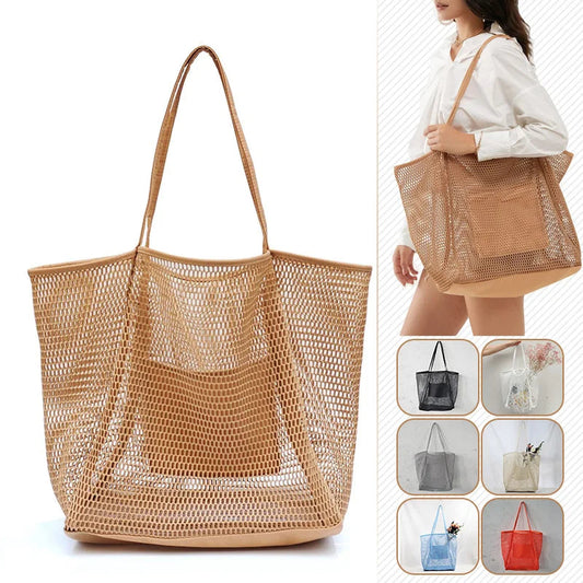 Spring Summer Solid Color Hollow Mesh Tote Bag Large Capacity Travel