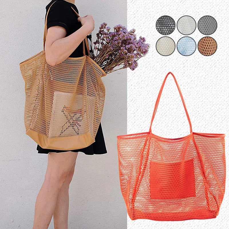 Spring Summer Solid Color Hollow Mesh Tote Bag Large Capacity Travel