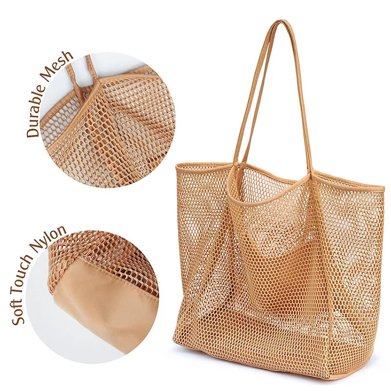 Spring Summer Solid Color Hollow Mesh Tote Bag Large Capacity Travel