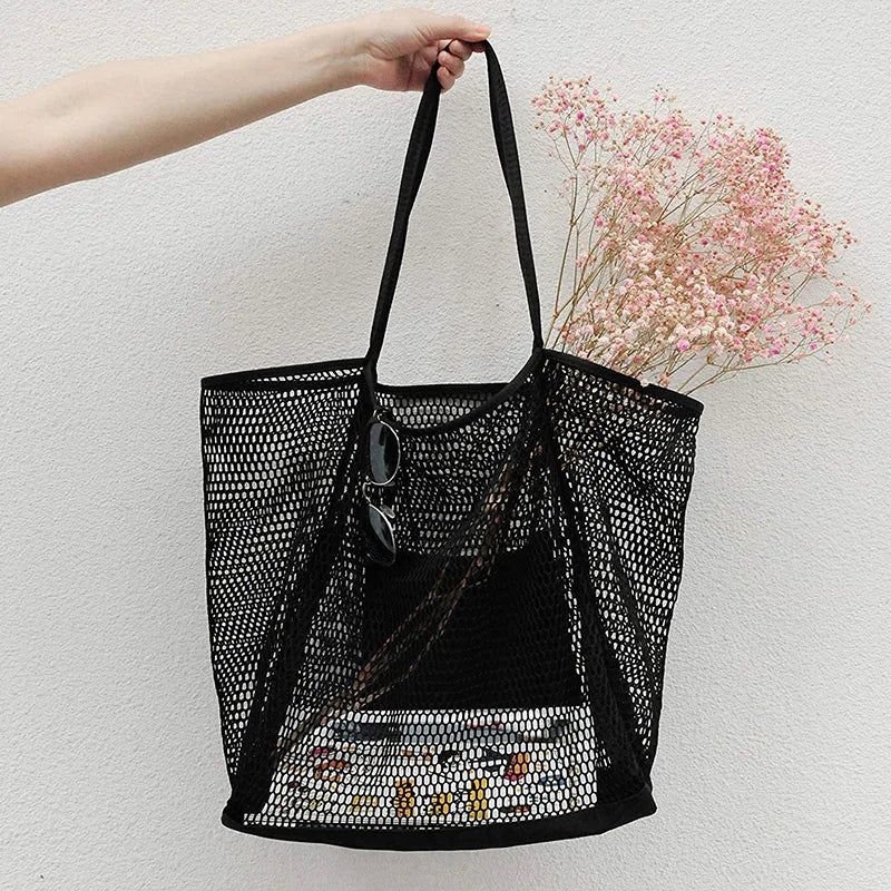 Spring Summer Solid Color Hollow Mesh Tote Bag Large Capacity Travel