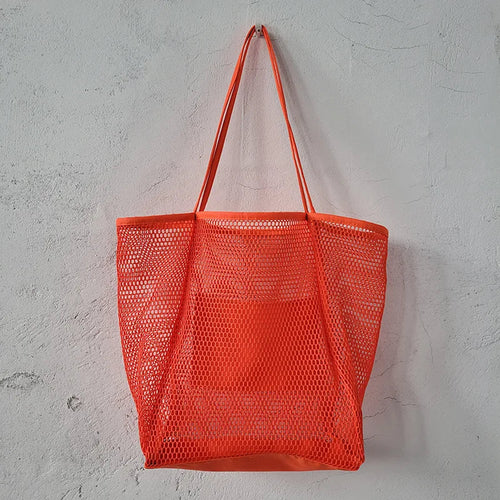 Spring Summer Solid Color Hollow Mesh Tote Bag Large Capacity Travel