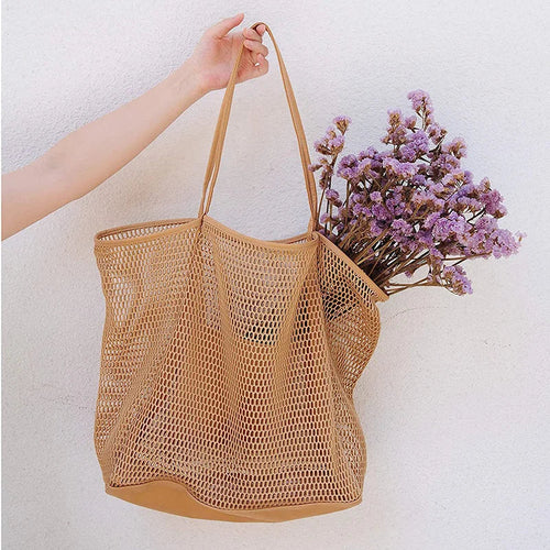 Spring Summer Solid Color Hollow Mesh Tote Bag Large Capacity Travel