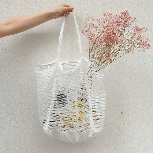 Spring Summer Solid Color Hollow Mesh Tote Bag Large Capacity Travel