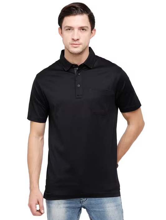 Men Cotton solid polo neck t-shirt (Size-M) (Color-BLACK)