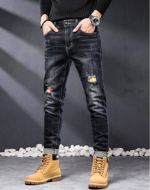 MEN New Style Men Denim Jeans Ripped Print Pants BLACK 28