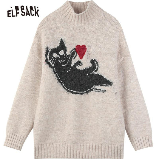 New Yew Cat Jacquard Casual Knit Pullover Sweater Women,Spring Vintage