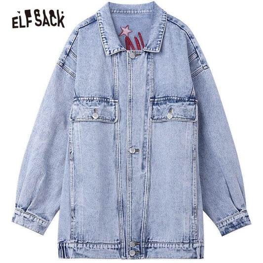 Cartoon Print Single Breasted Oversize Women Denim Jacket,Spring ELF